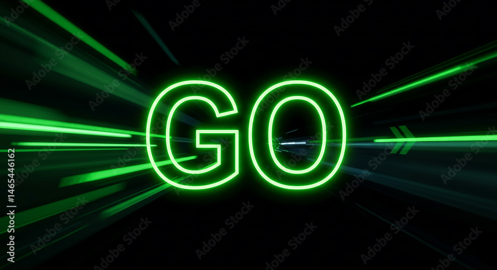 Poster green neon sign go with light trails and arrow shows the way forward