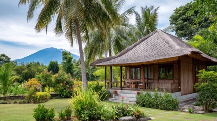 Balinese bungalow with canopy roof, tropical garden and distant volcano silhouette beyond palm line