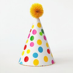Colorful polka dot party hat with yellow pom pom for celebration