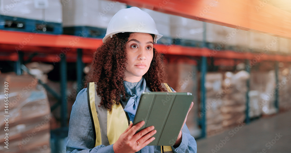 Poster warehouse, tablet and woman in logistics inventory checking boxes, shelf and stock management in dis