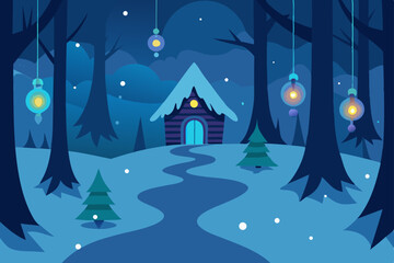 Obraz premium magical snowy forest with glowing ornaments hangin