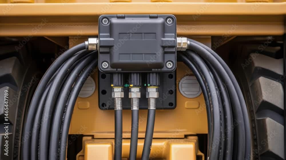 Poster A closeup shot of a vibration sensor attached to heavy machinery with data cables connecting it to a central monitoring system highlighting its rugged exterior.