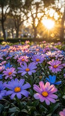 Colorful flowers bathed in golden sunlight