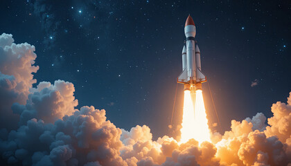 A rocket ascends into the night sky, its powerful engines igniting against a backdrop of clouds and a starry atmosphere, marking the beginning of its space journey