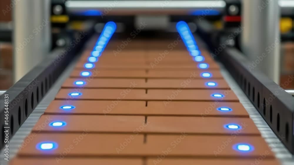 Aufkleber A closeup showing a sensor scanning the bricks as they move along the line with small blue LED lights blinking to indicate functioning status.