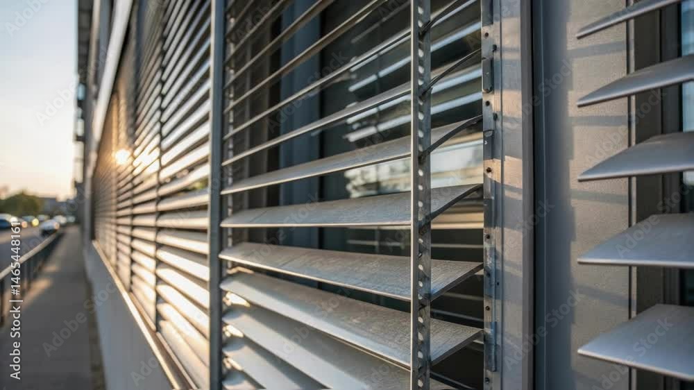 Aufkleber A closeup showing metallic fins that open and close like shutters in response to the time of day creating a dynamic interplay between light and shadow across the facade.