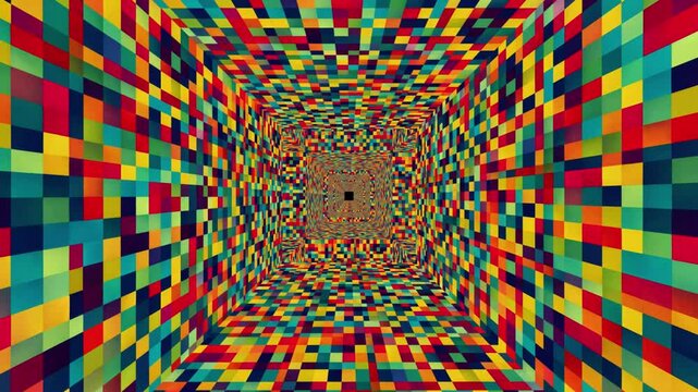 mesmerizing hypnotic  colorful square rectangular pattern tunnel 16 seconds  black background animation screensaver visualizer hd video