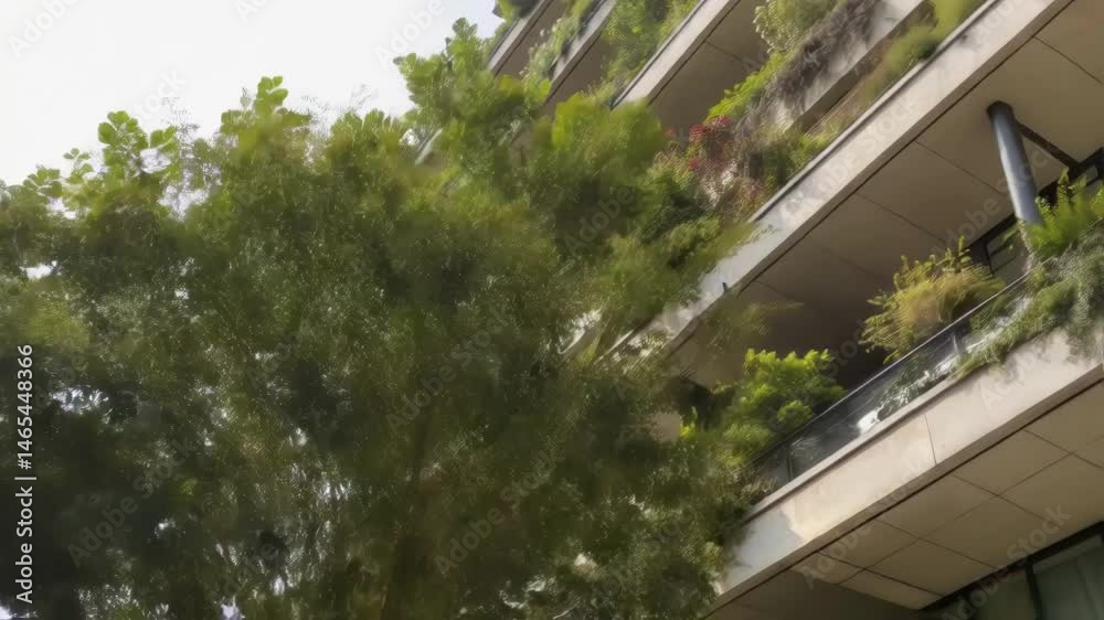 Poster A closeup view of a building corner with staggered balconies and strategically p vegetation promoting natural light tration while creating shaded outdoor spaces.