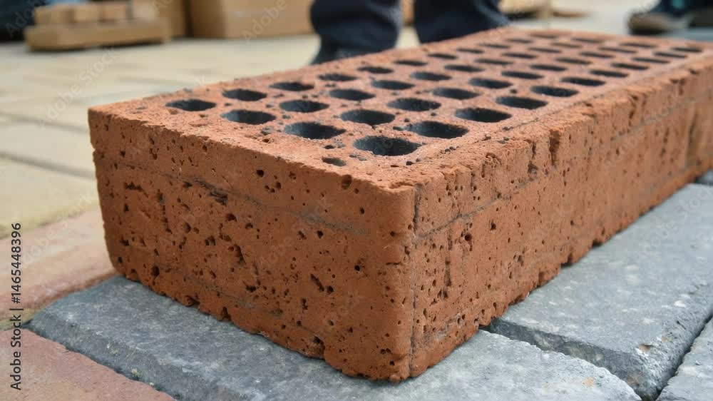 Poster A closeup view of a brick with a porous surface incorporating biochar particles visibly embedded within capturing the innovative blend of sustainability and modern design for