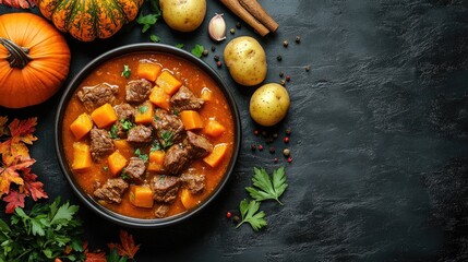 Warm pumpkin stew with tender beef and potatoes, hearty autumn meal, surrounded by fresh ingredients scattered across a dark rustic surface. Top-down view.