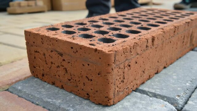 A closeup view of a brick with a porous surface incorporating biochar particles visibly embedded within capturing the innovative blend of sustainability and modern design for