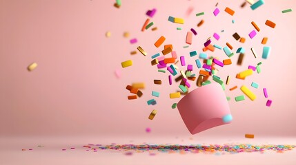 Vibrant confetti dance on a playful pink backdrop