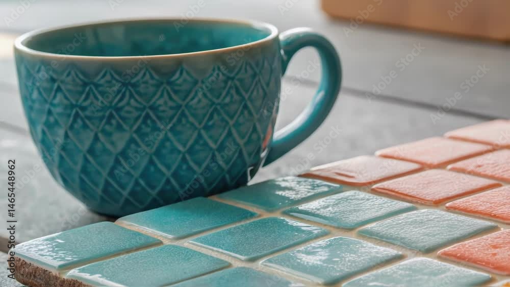 Aufkleber A closeup view of a smart ceramic tile that transitions from turquoise to a warm orange as it responds to a hot beverage p on it emphasizing the textural detail of the tile.
