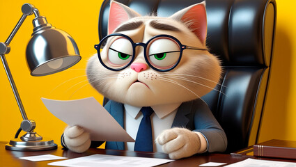 Cute 3D cartoonish white business cat sitting at a desk and holding documents in his paw