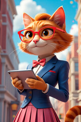 Cute 3D anthropomorphic cat girl in a suit with a tablet in her paws in the background of the city