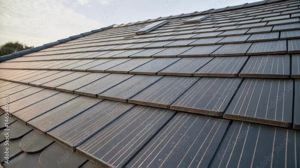 Poster A closeup view of textured solar roofing tiles featuring a unique pattern blending aesthetically with traditional roofing materials while harnessing solar energy.