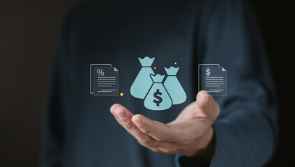 Debt financial concept. Carrying the debt burden, Debt repayment schedule. Person holding Debt icon...