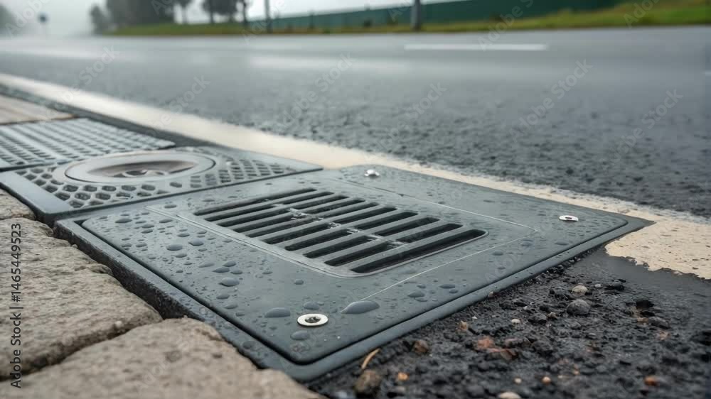 Poster water drops rhythmically falling through metal grate, capturing urban drainage system functioning du