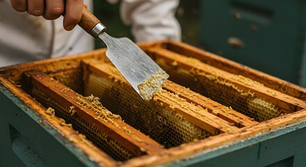 A beekeeper using a hive tool to inspect honeycomb frames inside of a beehive box outdoors in the daytime