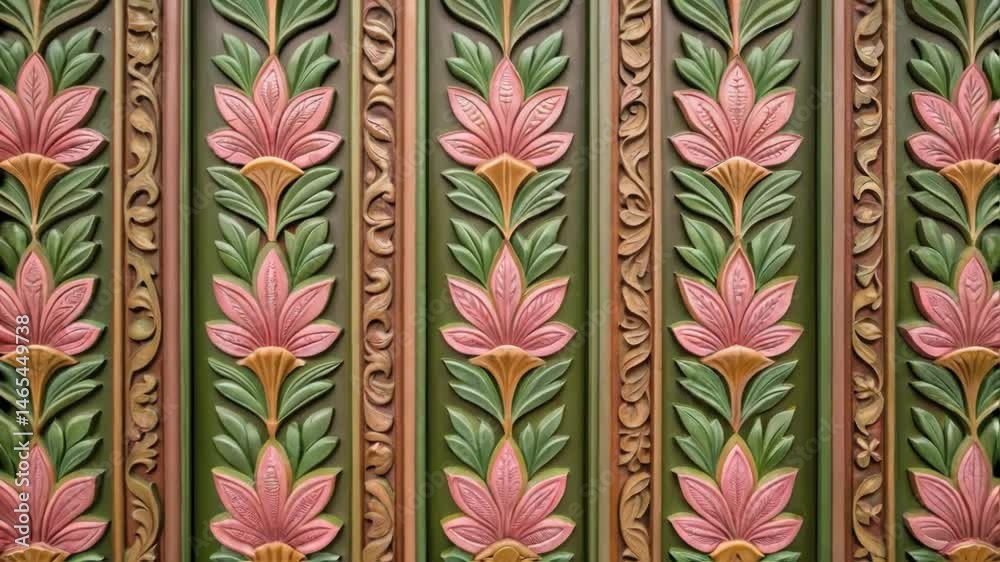 Poster a close view of wall panels adorned with botanical motifs showcasing a blend of earthy greens and fl