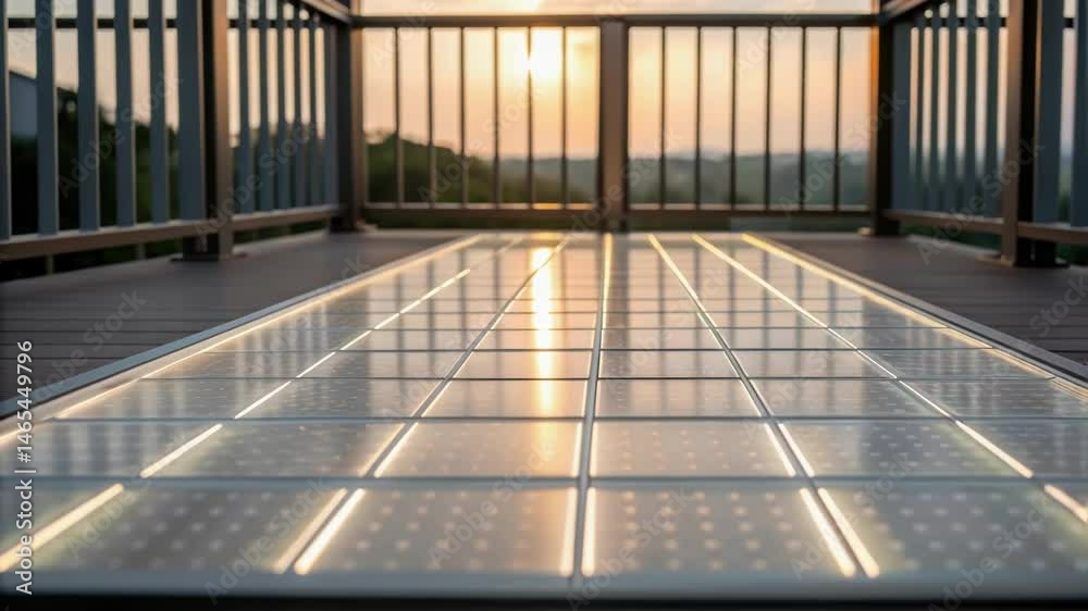 Poster A crisp view of the transparent solar panels in the balcony railing as they catch the early morning light illuminating the balcony floor with a soft glow and emphasizing the