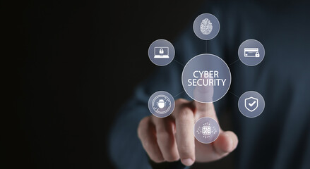 Cyber security and network protection concept. Data protection, internet network security online. Person touching cyber security icons on virtual screen.