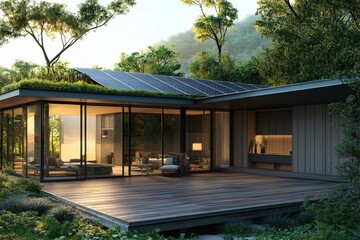 Fototapeta premium Modern, sustainable home nestled within a lush, green landscape.