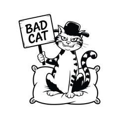 Black and White Mischievous Bad Cat Illustration Design