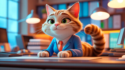 Cute 3D cartoonish ginger business cat leans on the desk