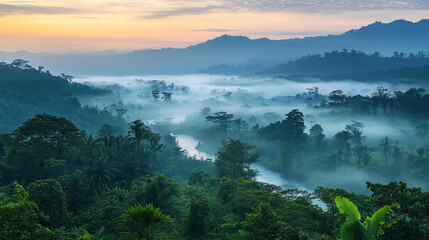 A misty tropical rainforest scene at sunrise, featuring deep vegetation, a flowing river, and Southeast Asian flora