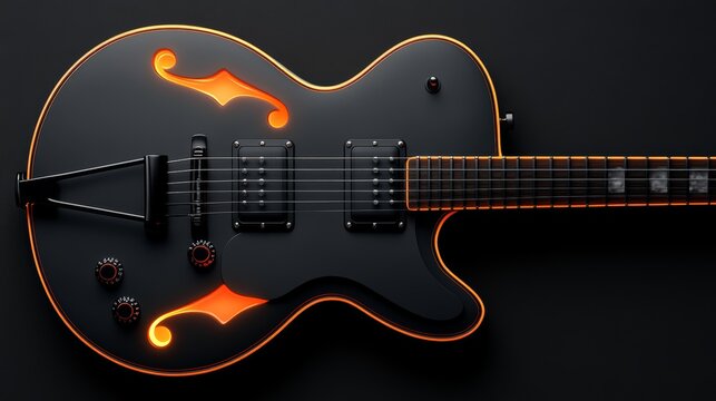 A close-up view showcases a sleek black guitar, complete with glowing orange accents and cutting-edge controls