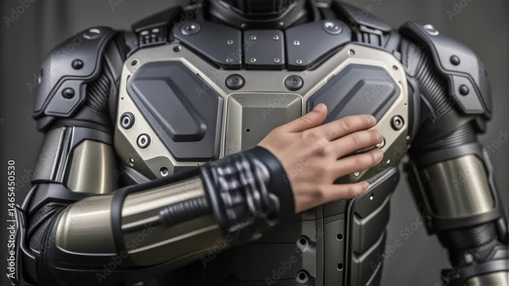 Aufkleber A detailed image of the reinforced arm section of a heavyduty exoskeleton emphasizing the use of lightweight durable materials crafted to withstand demanding loads.