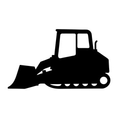 Black Silhouette of a Powerful Bulldozer with a Large Bucket for Construction and Demolition Work