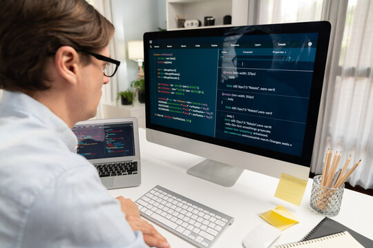 IT developer looking at online software development information on pc align working laptop with coding program on updated version application project trial creating new code overall system. Pecuniary.