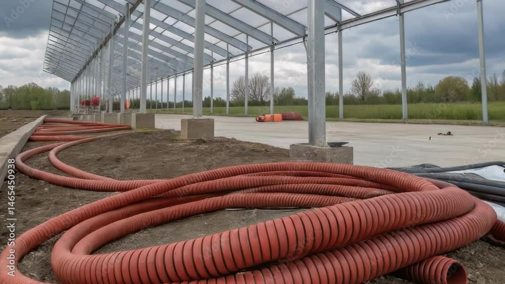 Poster A detailed shot of flexible fire suppression tubing coiling along the framework of a temporary structure demonstrating resilience and adaptability to various environments.