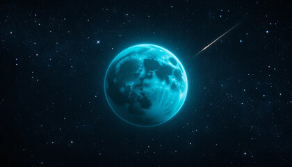 Obraz premium A luminous blue moon dominates the night sky, surrounded by countless stars. A bright shooting star streaks across the scene, creating a magical and serene atmosphere