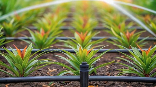 A detailed shot of waterefficient landscaping featuring drip irrigation systems with visible tubing and emitters strategically p a vibrant plants.