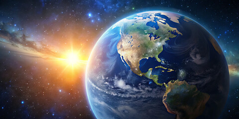 Obraz premium This captivating view displays Earth from space at sunrise, revealing North America bathed in warm light against a stunning cosmic backdrop filled with stars and galaxies