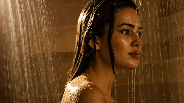 Woman showering with a thoughtful expression.