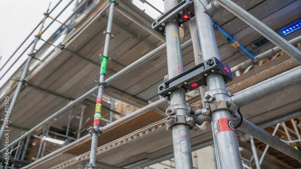 Poster A detailed view of the scaffoldings vertical supports highlighting the embedded monitoring systems and LED indicators that signal structural integrity.