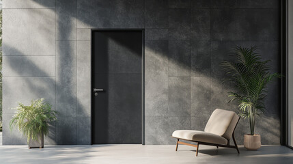 Black plastic modern door with a window, digitally rendered and shown ajar in a minimalistic room setting