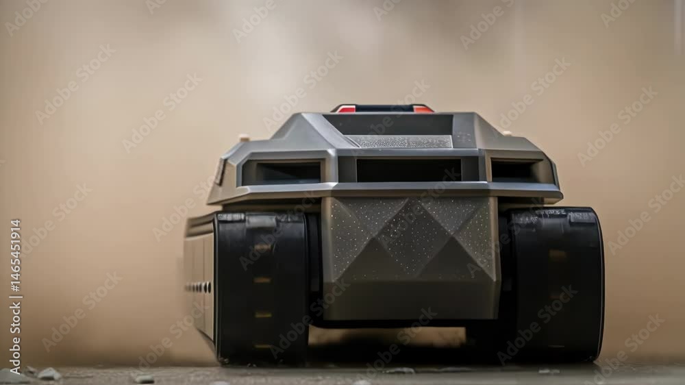 Fototapete A dynamic shot of a robotic ter in action throwing fine stone particles as it transforms a rough surface into detailed geometric shapes with motion blur emphasizing speed.