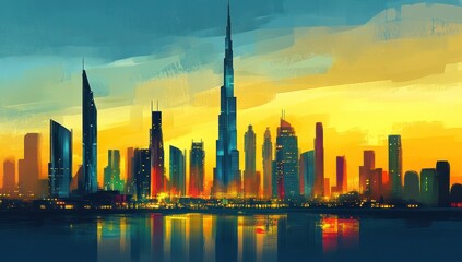 Obraz premium A vibrant digital cityscape at sunset, with tall skyscrapers reflecting in a calm water body. 