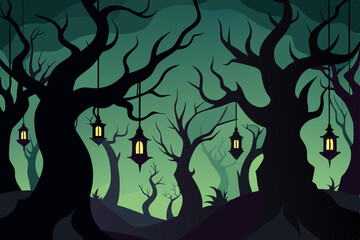 silhouetted forest of twisted trees with hanging 