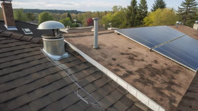A medium closeup capturing a contrasting angle of an older dark rooftop beside a newer heatreflective installation visually demonstrating the difference in heat absorption.