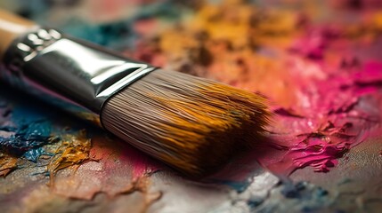 Fototapeta premium Paint Brush Resting On Colorful Mixed Oil Paint Palette High Resolution Photo