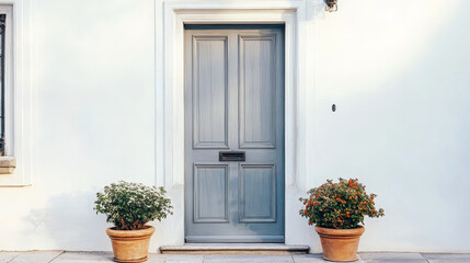 Entrance of a modern home featuring a gray wooden door, white walls, and decorative plant pots