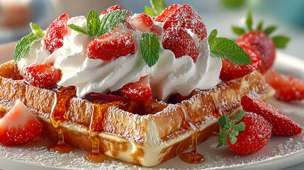 Delicious waffles topped with whipped cream, fresh strawberries, powdered sugar, and syrup, served on a white plate