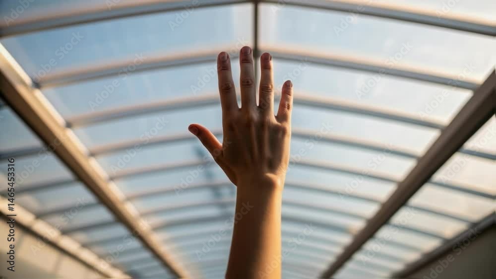 Poster A medium closeup focusing on a hand reaching up to touch the transparent roof where the interplay of light and solar shading patterns creates an inviting atmosphere.