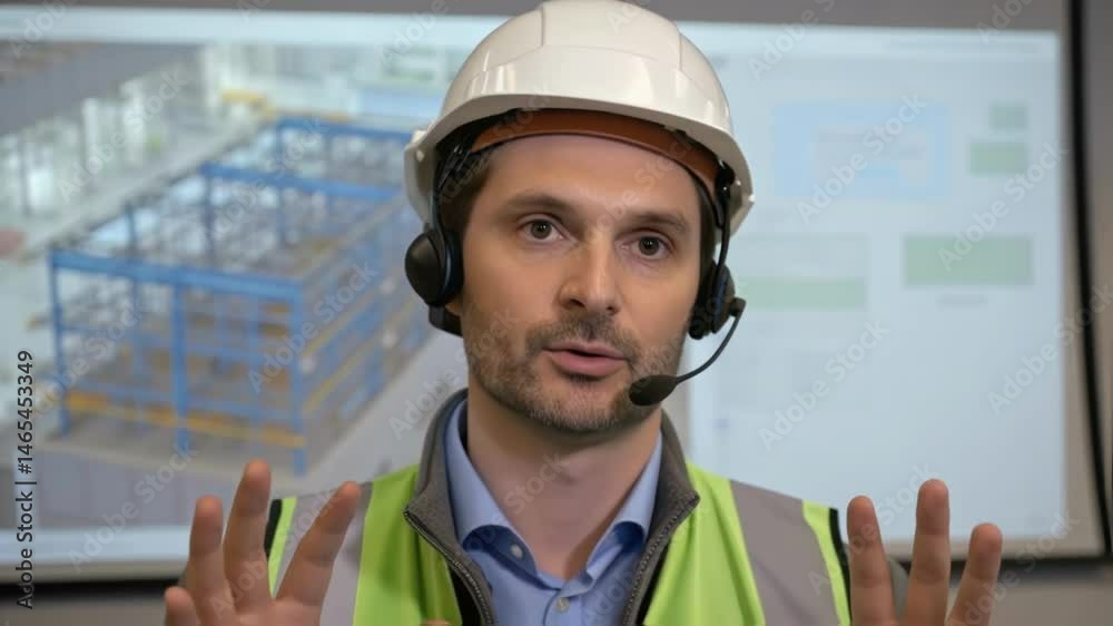 Poster professional industrial engineer communicating project details during virtual meeting, wearing safet